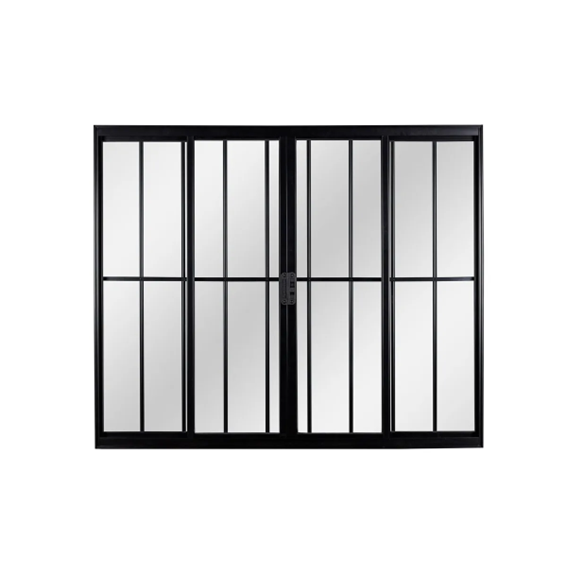 Janela Vitro de Correr 4 Folhas | Vidro Liso, Alumínio Preto com Grade 100x120